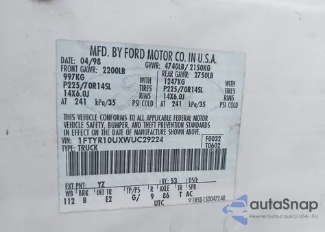 1998 Ford Ranger Splash/Xl/Xlt z USA, uszkodzony, nr VIN 1FTYR10UXWUC29224